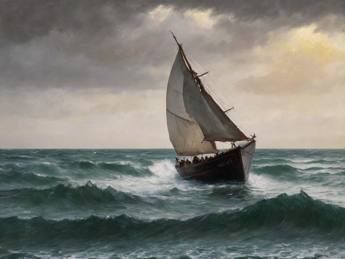 Majestic Sailing Ship in Turbulent Waters and Sky