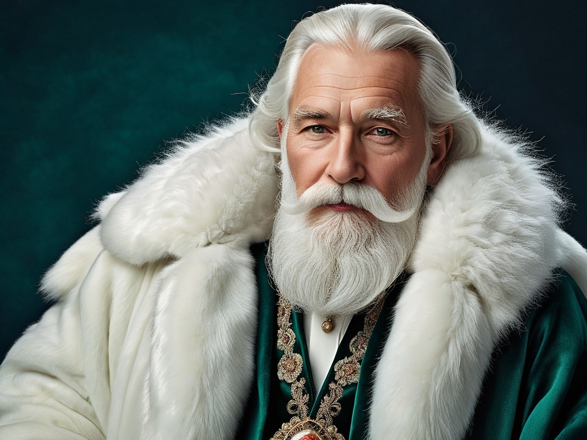 Dignified man in ornate green outfit with white beard