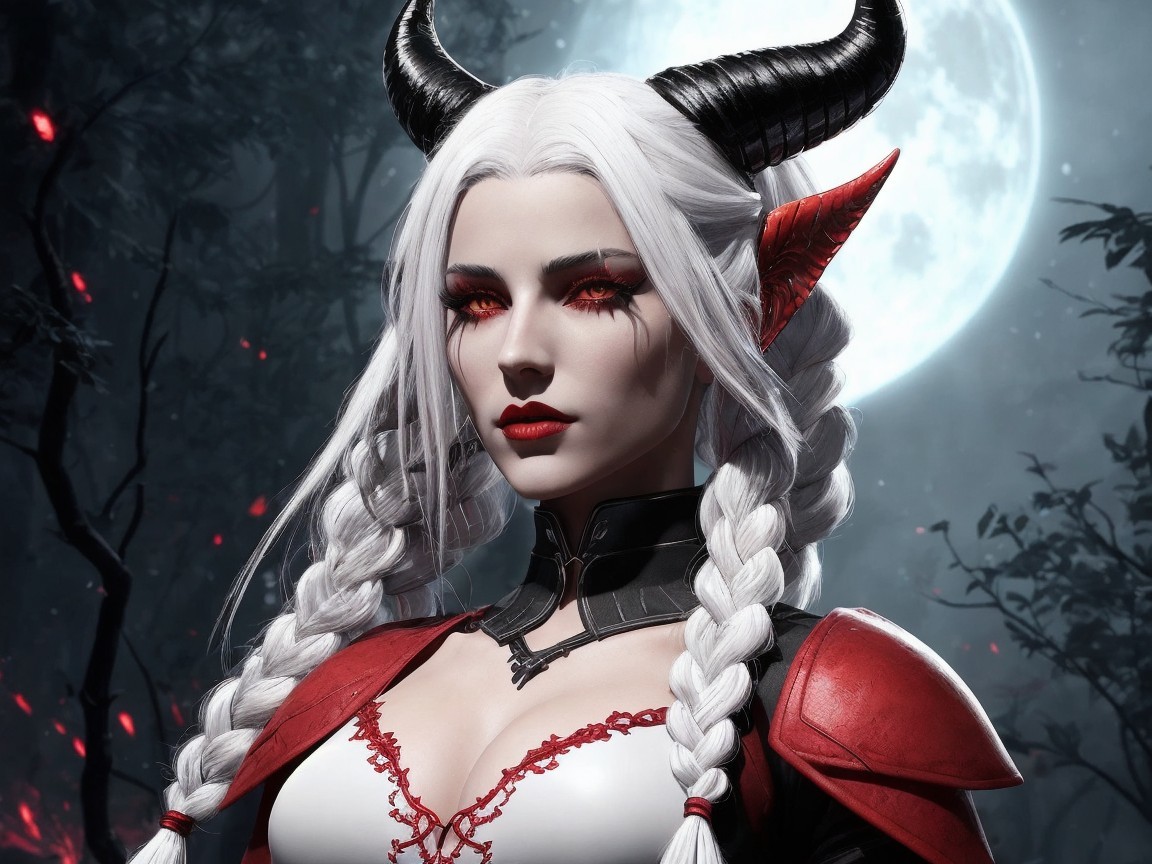 Character with Silvery Hair and Red Horns in Forest