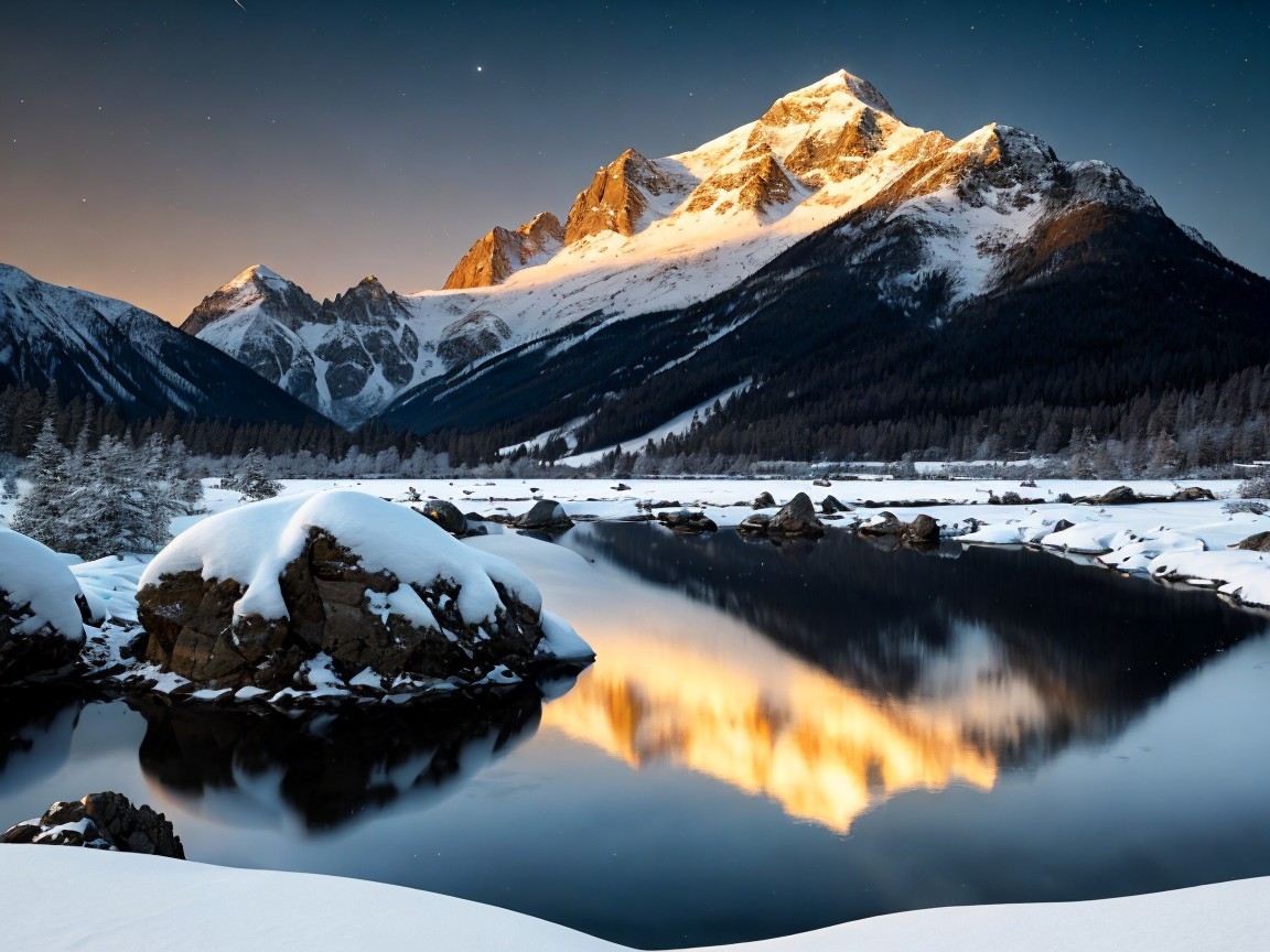 Twilight Mountain Landscape with Snow-Capped Peak