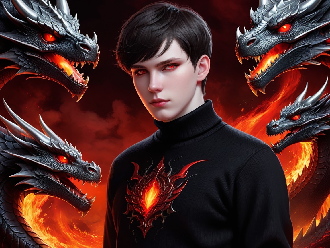Young man with dragons in fiery fantasy scene