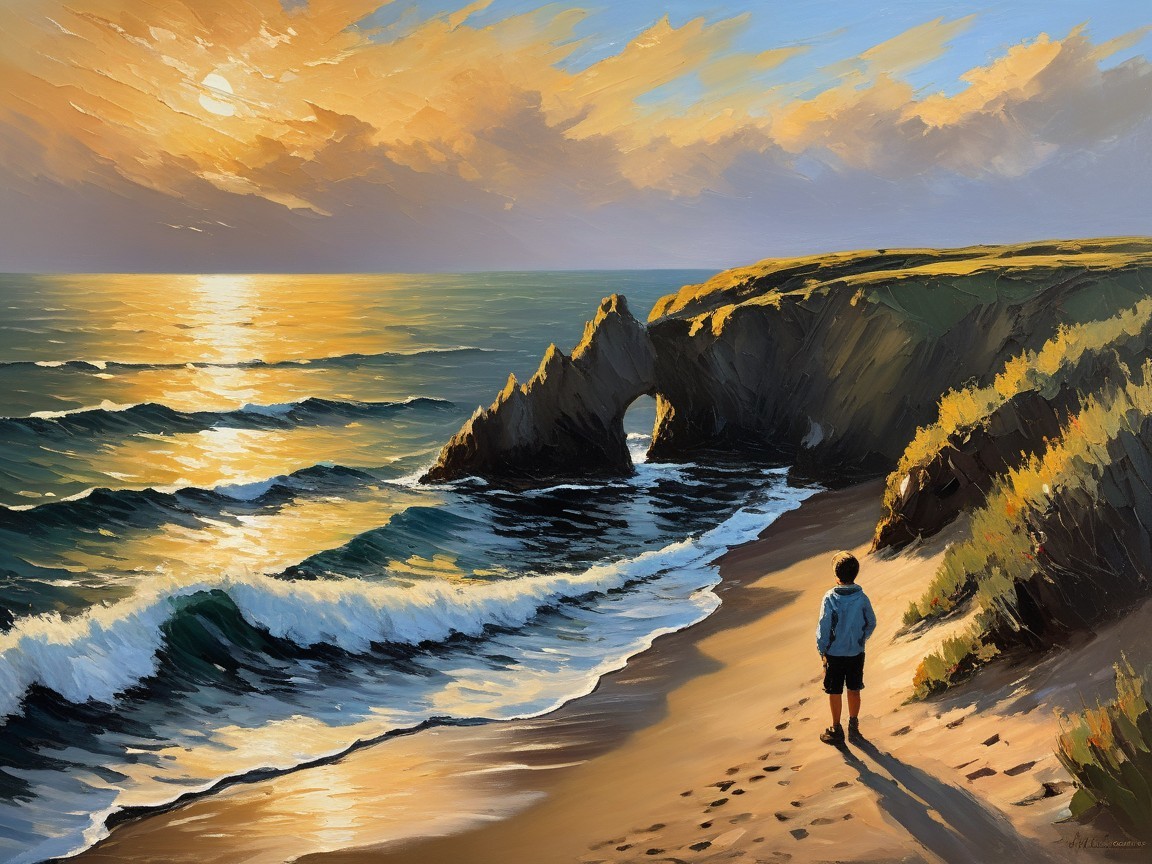 Serene Beach Sunset with Gentle Waves and Rocky Arch