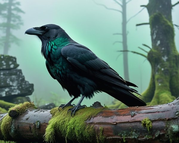Raven on Moss-Covered Log in Misty Forest Scene