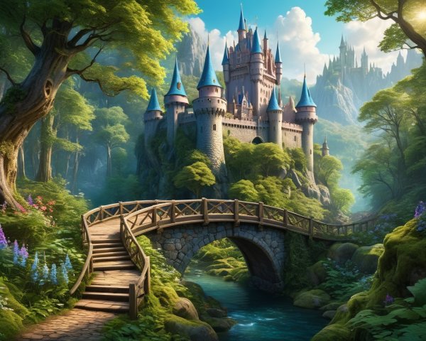 Majestic castle with blue rooftops in serene landscape