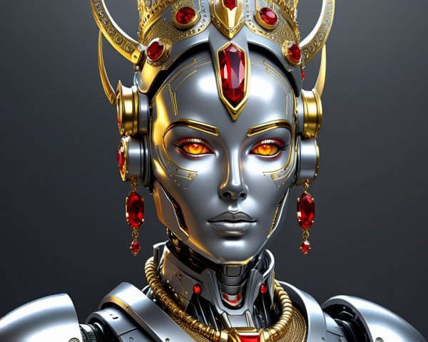 Futuristic Robot with Metallic Face and Regal Crown