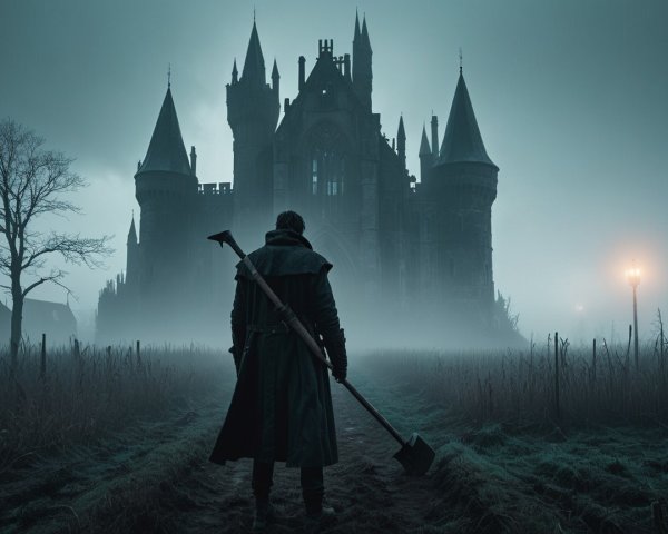 Dark Atmospheric Scene with Figure and Gothic Castle