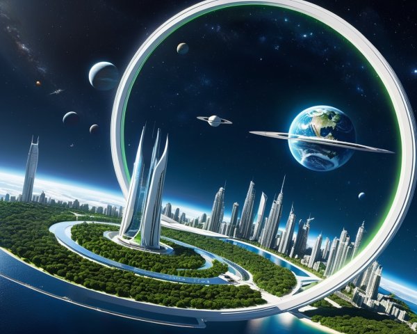 Futuristic cityscape with skyscrapers and greenery