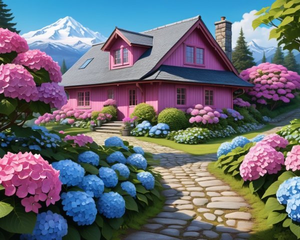 Charming Pink Cottage Surrounded by Vibrant Gardens