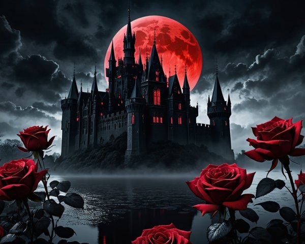 Gothic Castle Under Stormy Sky with Red Moon