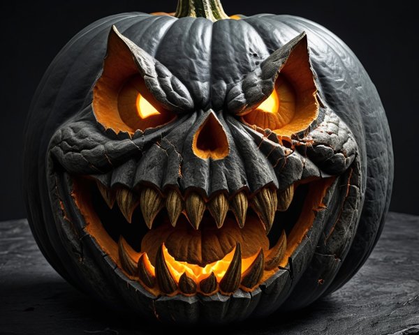 Ominous Carved Pumpkin with Glowing Eyes and Shadows