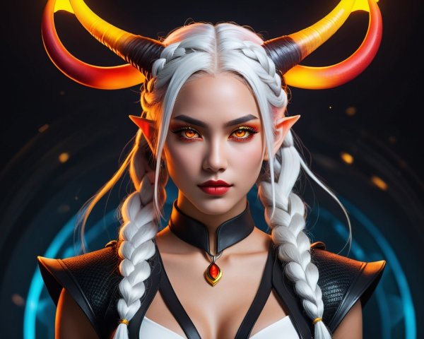 Character with Long White Hair and Orange-Red Horns