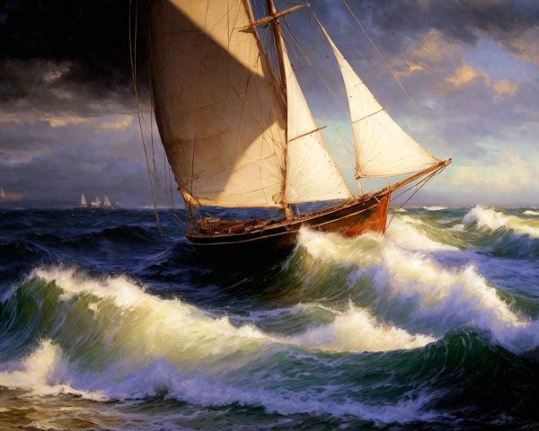Majestic Sailing Boat on Tumultuous Waves and Sky