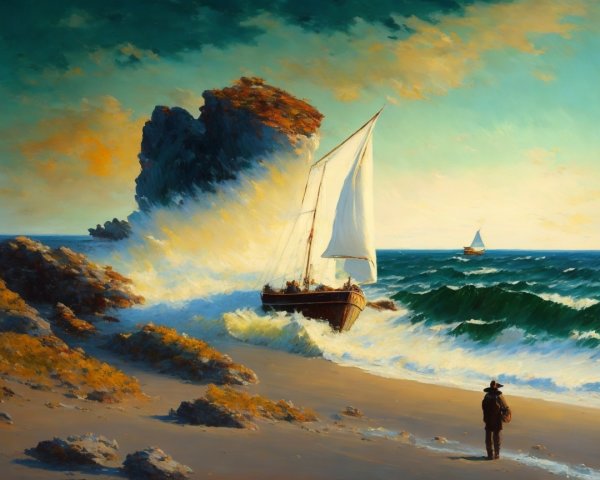 Tranquil Seascape with Sailing Boat and Sunset Sky