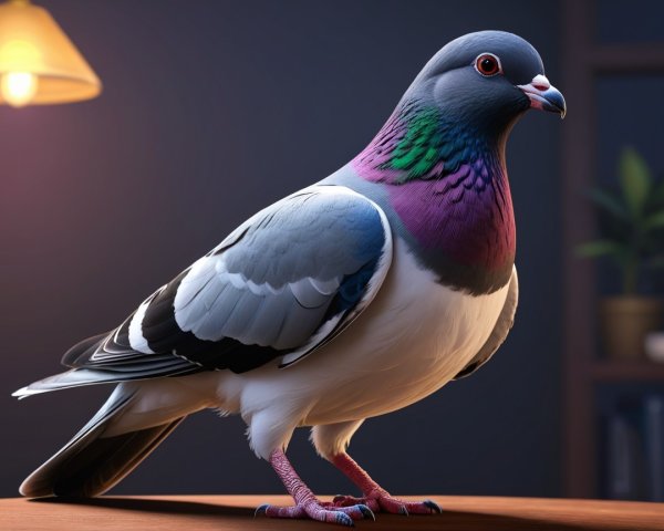Vividly Colored Pigeon on Wooden Surface with Lighting