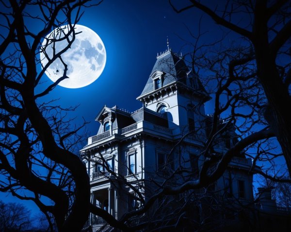 Victorian Mansion Under Full Moon with Eerie Atmosphere