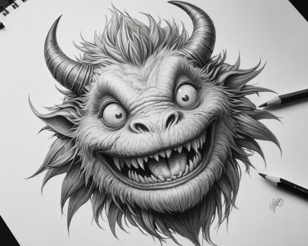 Mythical Creature Head Illustration in Black and White