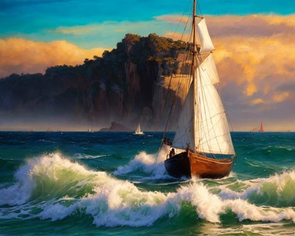 Sailboat on Turquoise Waves Under Dramatic Clouds