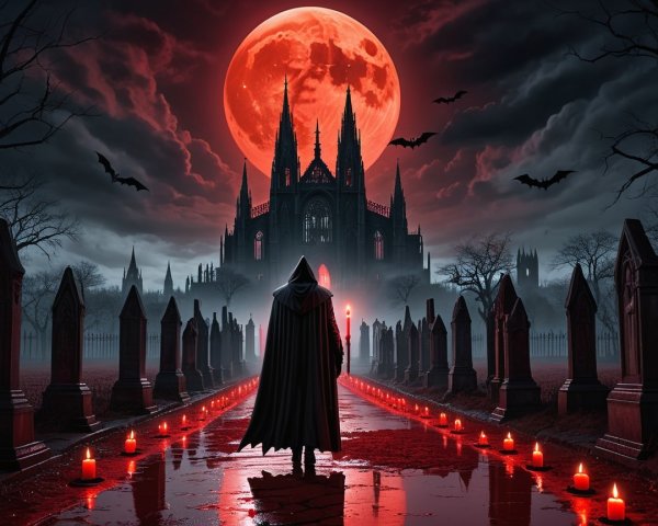 Cloaked Figure in Graveyard with Gothic Castle and Moon