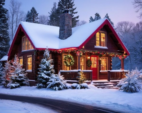 Log Cabin in Snowy Forest with Festive Decorations
