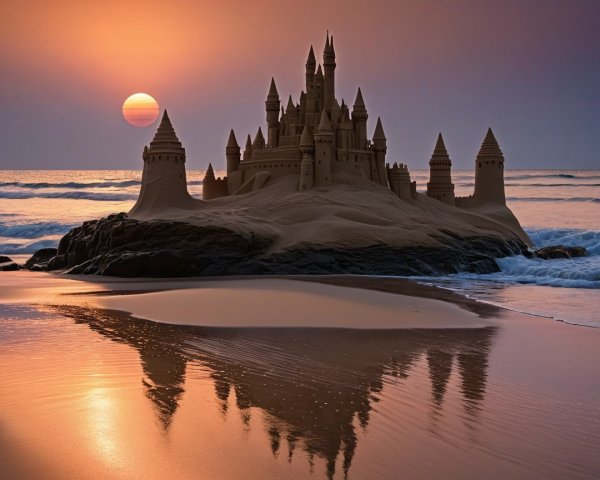Sandcastle at sunset on a beach with waves lapping
