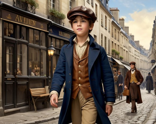 Young Boy in Stylish Attire on Cobblestone Street
