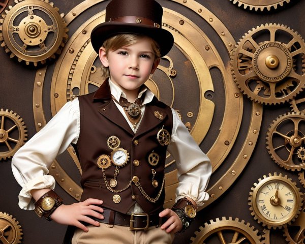 Young Boy in Stylish Steampunk Outfit with Gears
