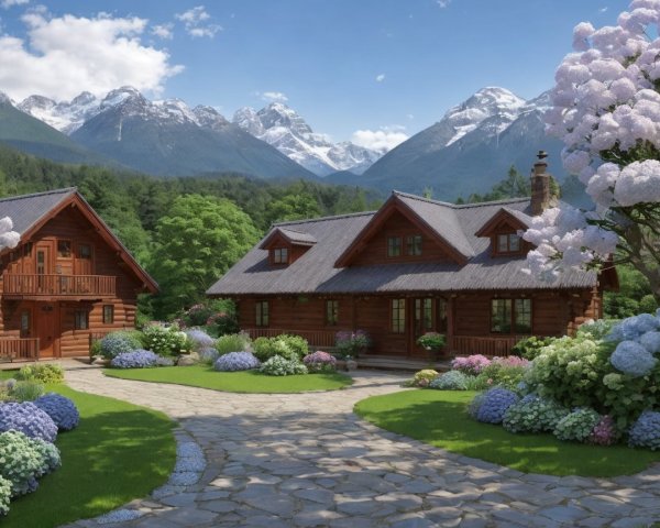 Charming Wooden Cabins in a Vibrant Garden Landscape