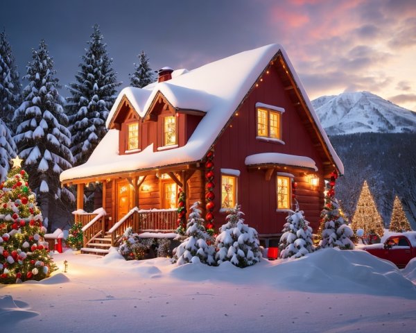 Cozy Red Log Cabin Decorated for Christmas in Snow