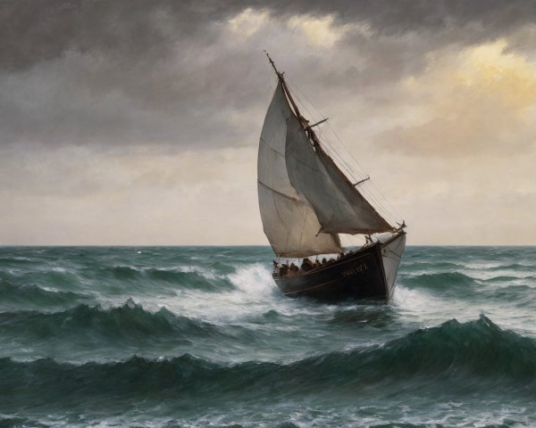 Majestic Sailing Ship in Turbulent Waters and Sky