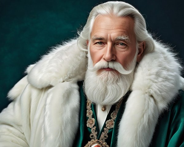 Dignified man in ornate green outfit with white beard