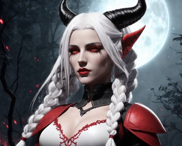 Character with Silvery Hair and Red Horns in Forest