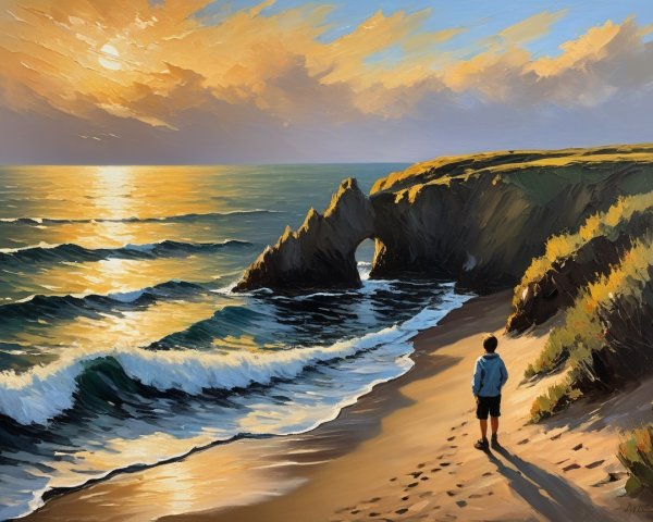 Serene Beach Sunset with Gentle Waves and Rocky Arch