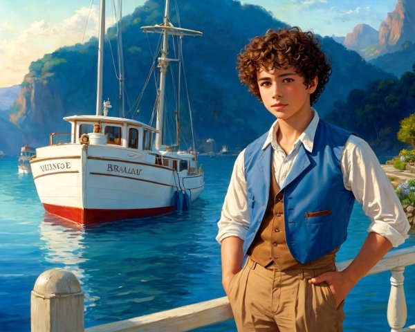 Young boy on dock with boat in serene landscape