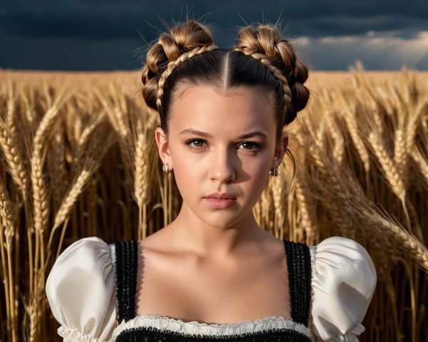 Young girl in wheat field with dramatic sky backdrop