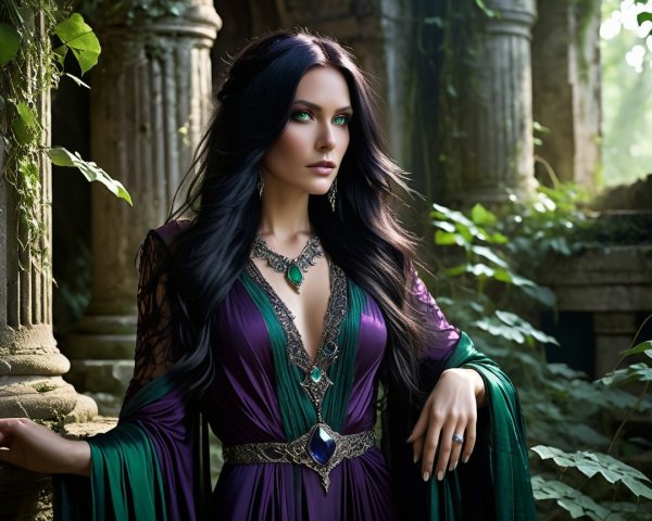 Mystical Woman in Jewel-Toned Gown Among Ruins