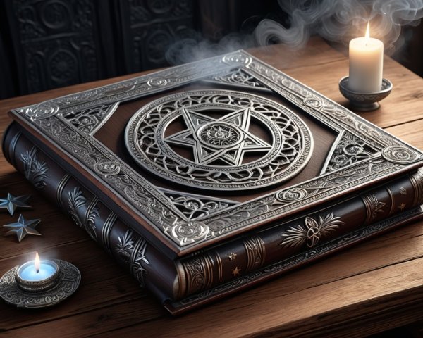Ornate Book with Pentagram and Candle on Wooden Table