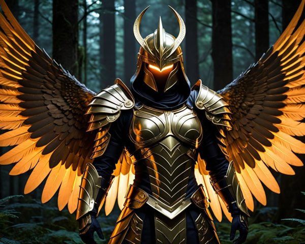 Warrior in Gold Armor with Feathered Wings in Forest
