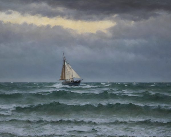 Sailboat Navigating Turbulent Waves Under Stormy Sky