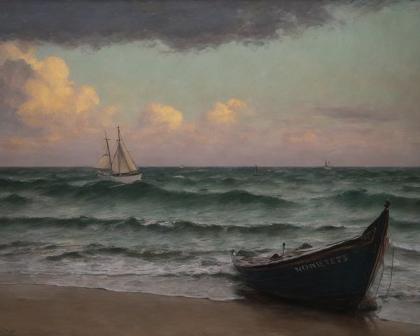 Serene Seascape with Gentle Waves and Sailing Ship