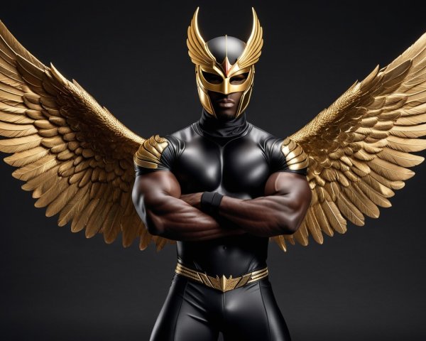 Muscular Man in Black Catsuit with Golden Accents