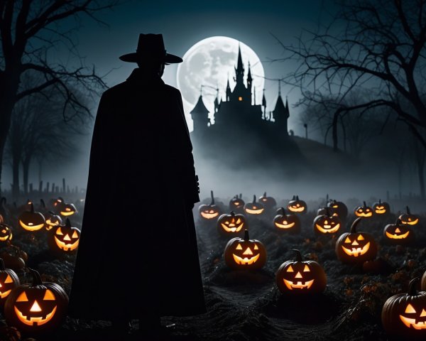 Mysterious Figure in Cloak Overlooking Haunted Graveyard