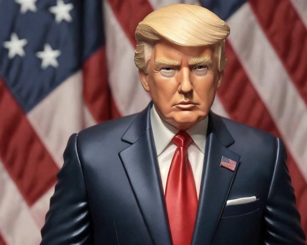 Lifelike statue of a man in dark suit with flags