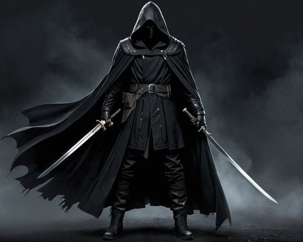 Cloaked Figure with Swords in Dark Layered Outfit