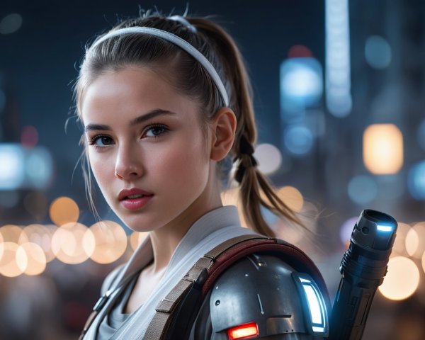 Young woman in futuristic cityscape with vibrant lights