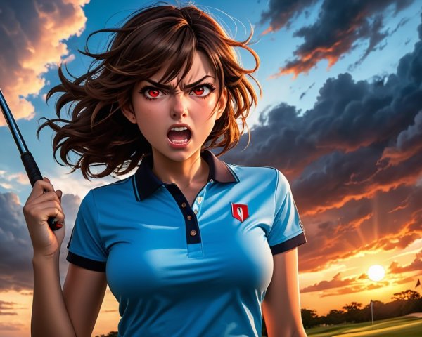 Young woman with red eyes and golf club at sunset