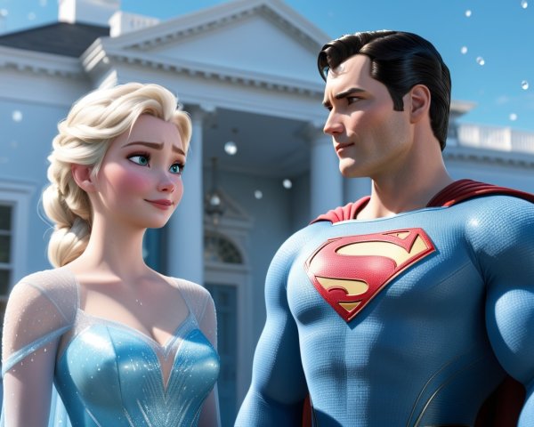 Animated Scene Featuring Elsa and Superman in Snowfall