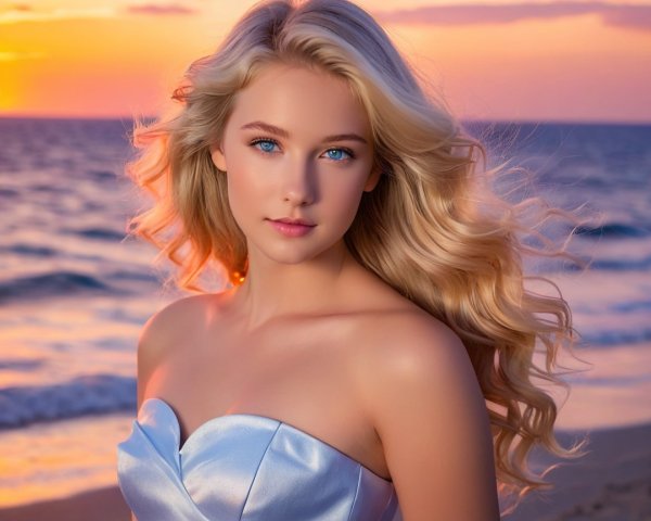 Young Woman by Beach at Sunset in Light Blue Dress