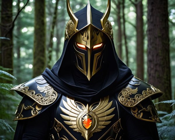 Dark Fantasy Knight in Black Armor in Misty Forest