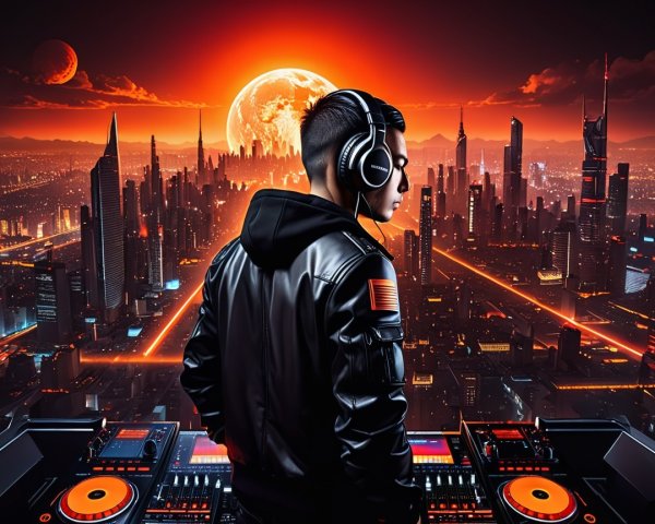 Futuristic DJ Overlooking Vibrant Cityscape at Night
