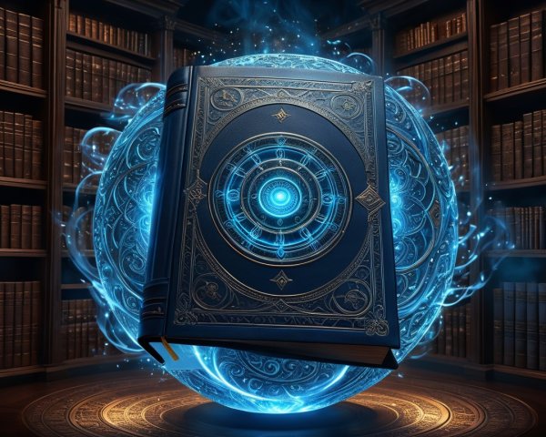 Ancient blue book in ethereal orb in dim library